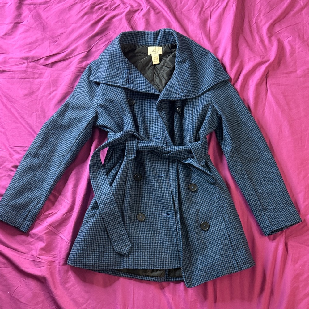 Women's Levi's Heavy Winter Wool Blend Blue Checkered Jacket Pea Coat (S) Small